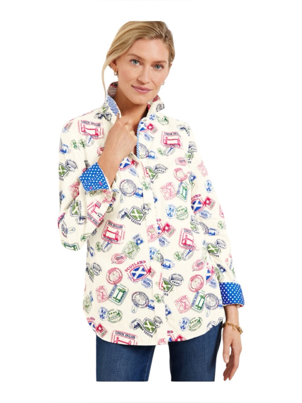 Talbots Modern Classic Button Up Top Size XL European Passport Stamp Print